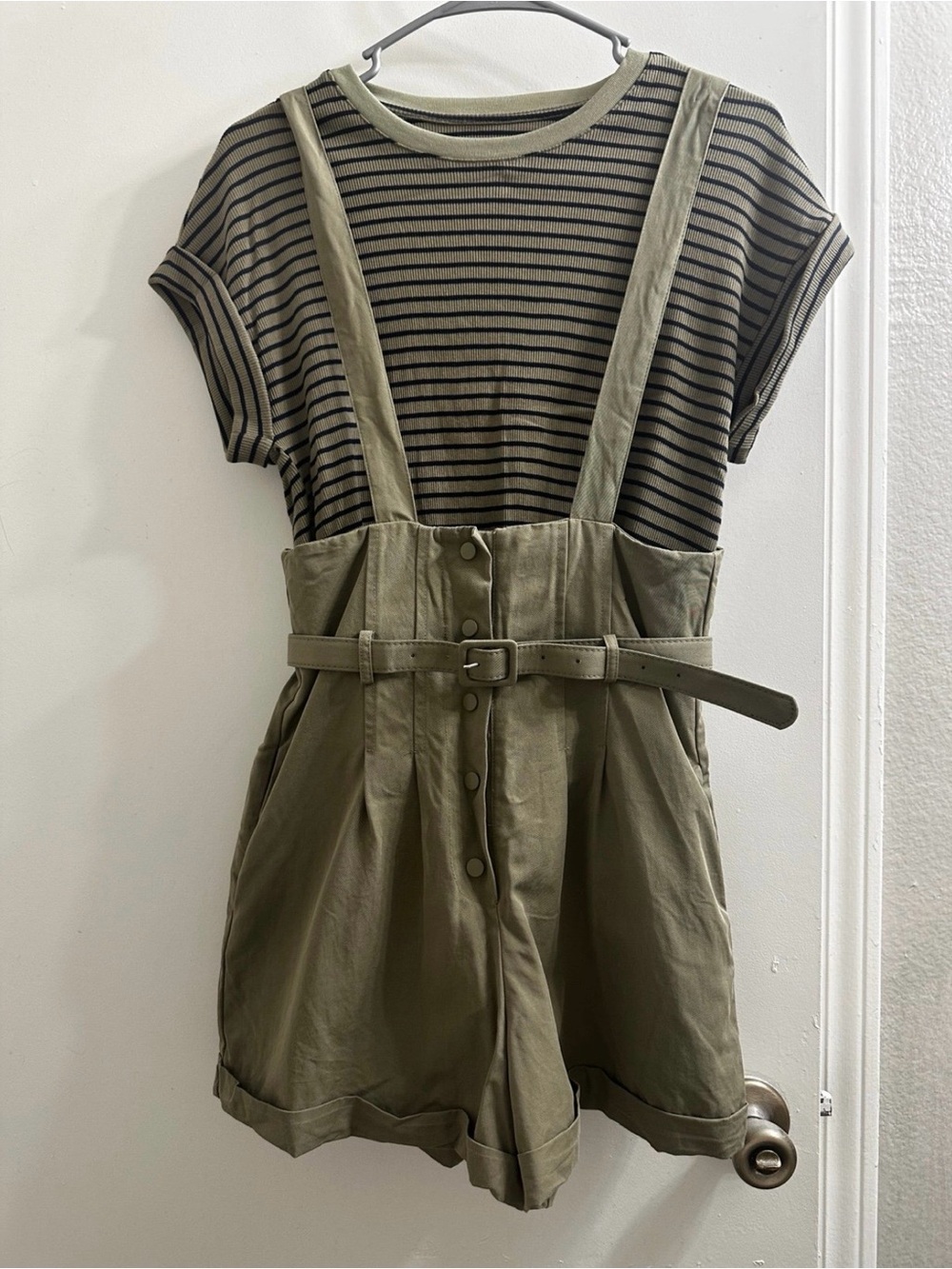 Striped Tee with Olive Suspender Shorts Set